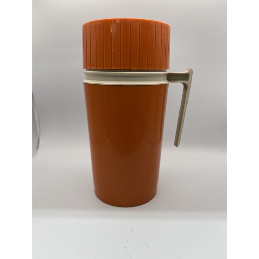 Vintage Thermos Pint Size 7202 Burnt Orange Travel Mug w Handle Glass Liner USA